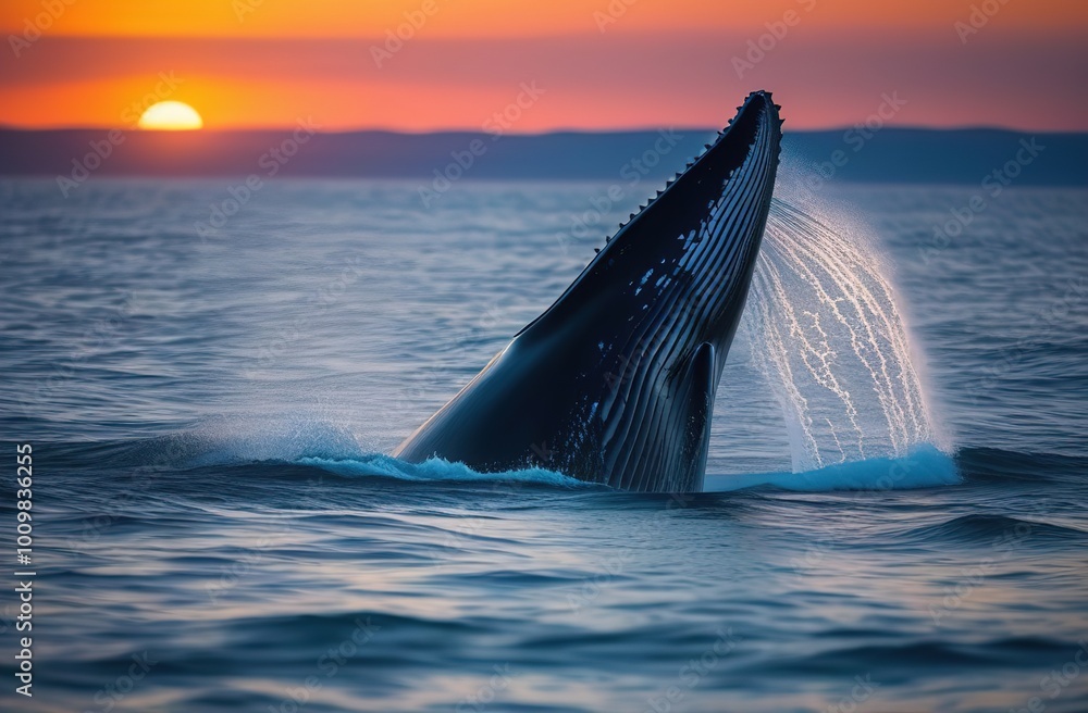 Fototapeta premium A whale emerges from the water in the ocean against the backdrop of a sunset.