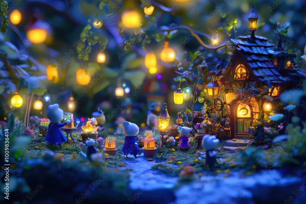 Naklejka premium A whimsical scene of small creatures celebrating near a cozy, illuminated cottage.