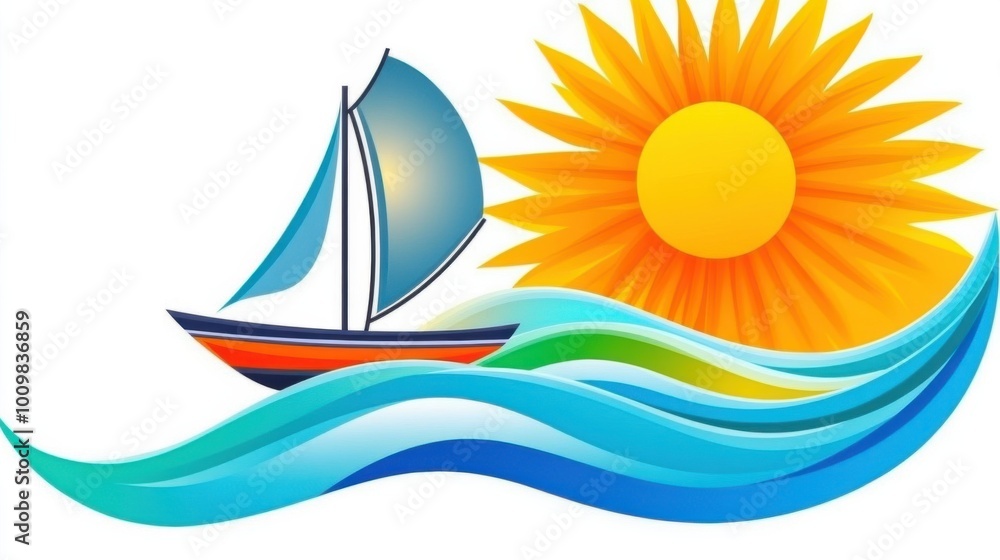Vibrant Sailboat on Ocean with Radiant Sun Illustration Perfect for Summer and Nautical Themes in Creative Artwork Vibrant Sailboat on Ocean with Radiant Sun Illustration Perfect for Summer and Nautical Themes in Creative Artwork