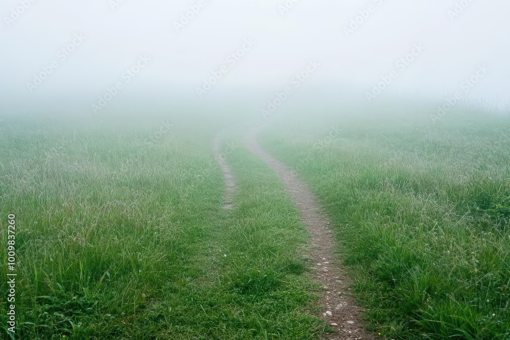 A winding path through a foggy grassland, evoking a sense of mystery and tranquility. A winding path through a foggy grassland, evoking a sense of mystery and tranquility.