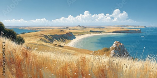 Stunning Coastal Landscape Depicting Golden Fields, Curved Shoreline, and Clear Blue Ocean with Rolling Clouds on a Sunny Day