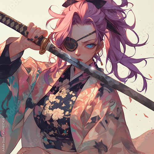 beautiful woman with Spanish features, with light purple hair in a high messy ponytail and an eye patch wearing an ornate floral haori, holding a sword, drawn by sam dose artfull body image photo