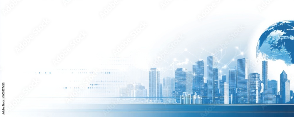 Modern cityscape skyline with global sphere on blue gradient background conveying technology and globalization themes Modern cityscape skyline with global sphere on blue gradient background conveying technology and globalization themes