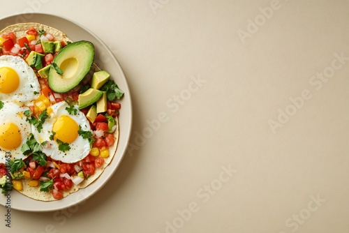 Overhead view of a breakfast dish with fried eggs, corn, tomatoes, avocado, and cilantro on a tortilla, on a beige surface.