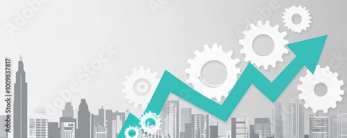 Abstract city skyline with gear and arrow symbolizing growth and technology advancement in a modern business environment