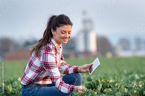 Quadro su tela Farmer woman with tablet in sugar beet field
