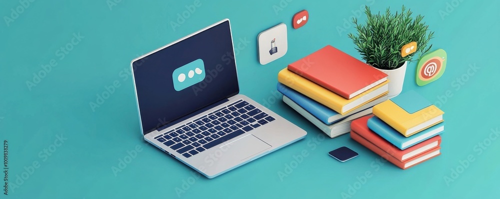 Isometric laptop illustration with social media icons and a plant on a desk Isometric laptop illustration with social media icons and a plant on a desk
