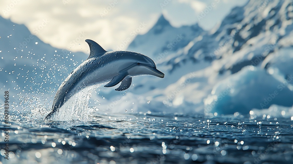 Fototapeta premium A snow-covered mountain and iceberg stand in stark contrast with the bright blue water as a sleek, graceful dolphin leaps effortlessly from the sea