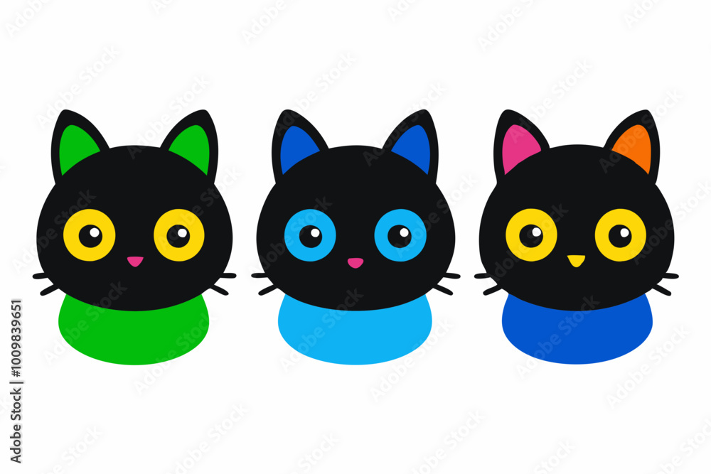 Halloween Cat round face . Black silhouette icon. Kitten with big yellow, blue, green eyes. Cute cartoon funny pet character. Pink ears, nose, cheek. Funny kawaii animal. Flat design. Halloween Cat round face . Black silhouette icon. Kitten with big yellow, blue, green eyes. Cute cartoon funny pet character. Pink ears, nose, cheek. Funny kawaii animal. Flat design.