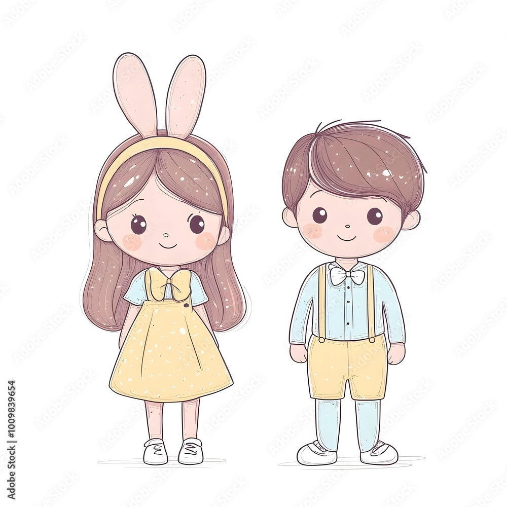 Cute cartoon illustration of a young girl wearing bunny ears and a boy with a bow tie. They are both dressed in yellow and blue. Cute cartoon illustration of a young girl wearing bunny ears and a boy with a bow tie. They are both dressed in yellow and blue.