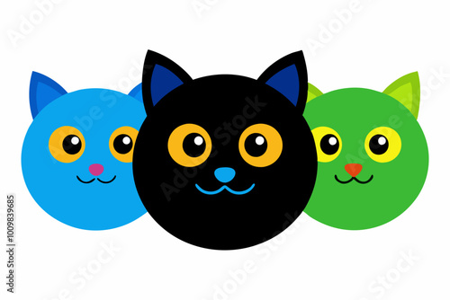 Halloween Cat round face . Black silhouette icon. Kitten with big yellow, blue, green eyes. Cute cartoon funny pet character. Pink ears, nose, cheek. Funny kawaii animal. Flat design. 