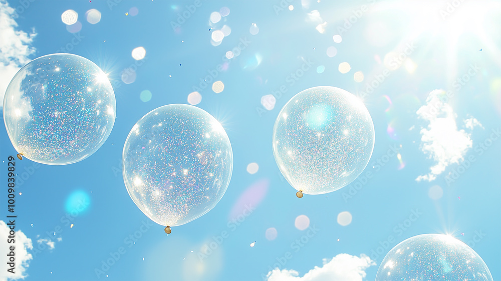 青空に舞い上がるキラキラ光る透明な風船