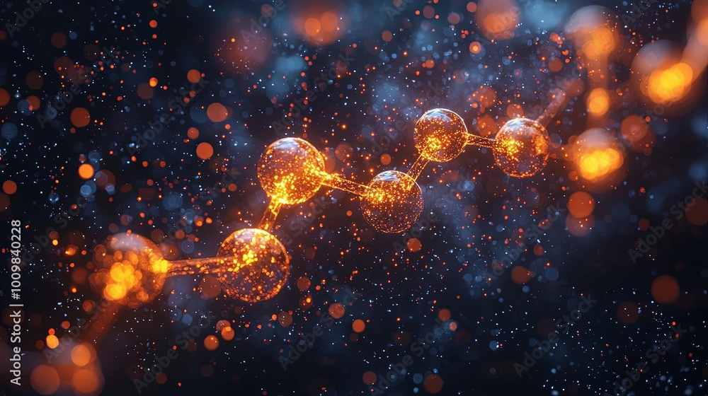 This image showcases a glowing molecular chain set against a cosmic backdrop, illustrating abstract scientific concepts with vibrant visual representation and detail. This image showcases a glowing molecular chain set against a cosmic backdrop, illustrating abstract scientific concepts with vibrant visual representation and detail.
