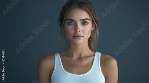 Health and Medicine Concepts - A woman wearing a white t-shirt in support of breast cancer.