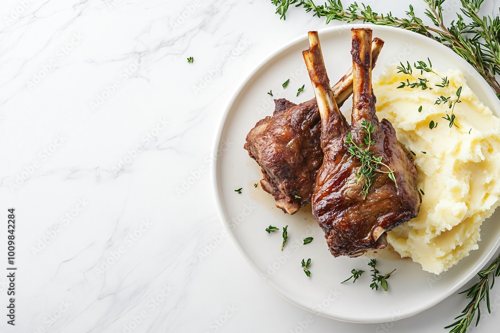 Roasted lamb shank with mashed potatoes and fresh herbs on a white plate. Roasted lamb shank with mashed potatoes and fresh herbs on a white plate.