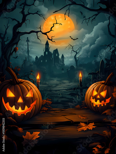 Spooky Halloween Scene with Jack-O'-Lantern, Full Moon, and Graveyard photo