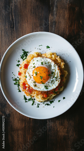 Delicious and savory breakfast or brunch option featuring a perfectly cooked sunny-side-up egg atop creamy polenta and a vibrant tomato salsa