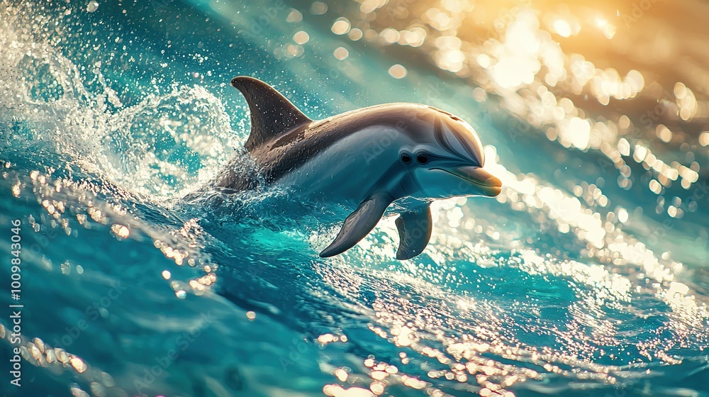 Fototapeta premium A dolphin swims in shimmering water beneath a beaming light, its head rising above the surface