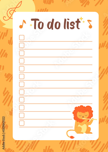 Kids journal to do list template with lion on animal print orange texture. Stock vector illustration in flat cartoon style.