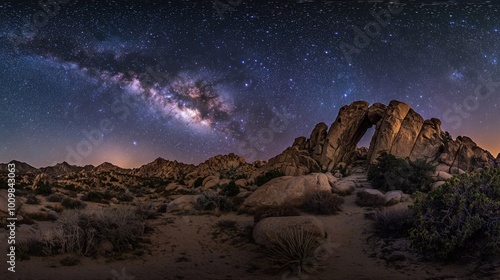 Majestic Milky Way arches over rugged desert landscape with towering rock formations under a star-filled night sky