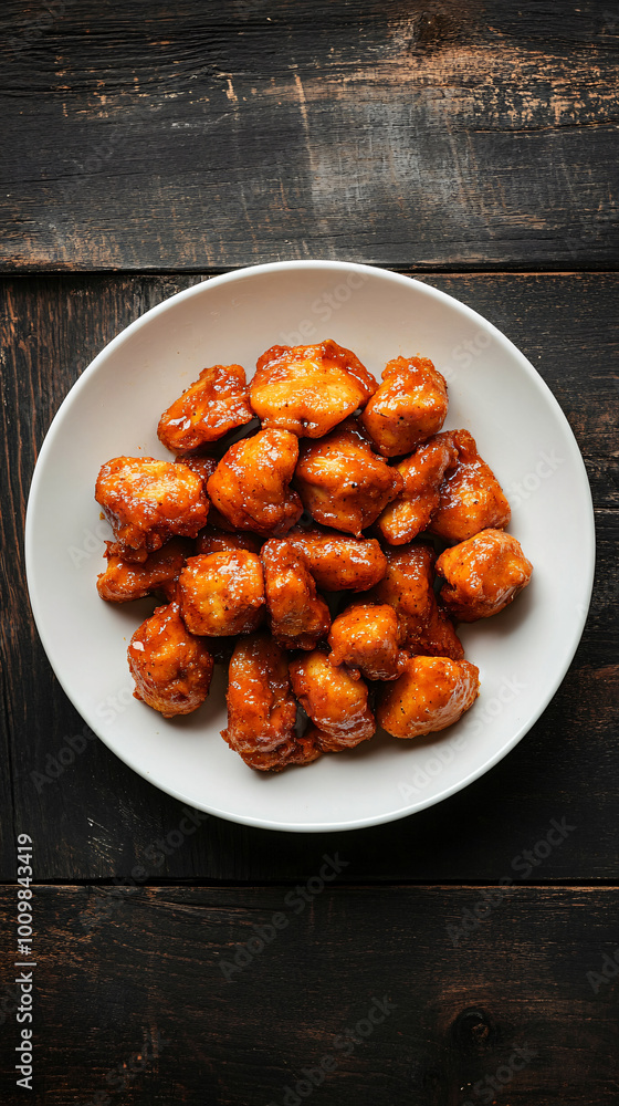 Spicy barbecue sauce covering chicken breast pieces on a white plate against a dark wooden table Spicy barbecue sauce covering chicken breast pieces on a white plate against a dark wooden table