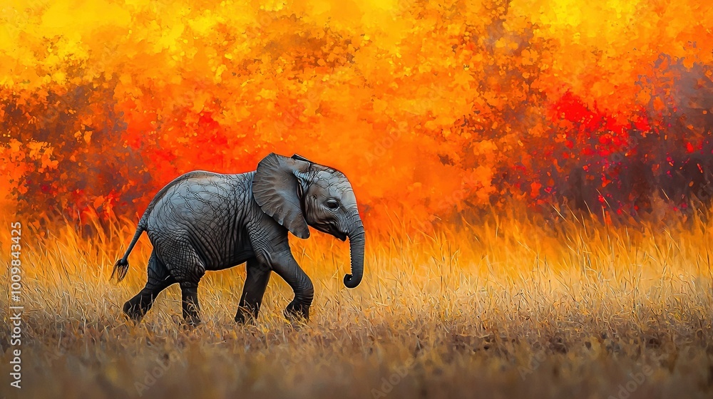 Fototapeta premium A baby elephant wanders through tall grass under an orange-yellow sky