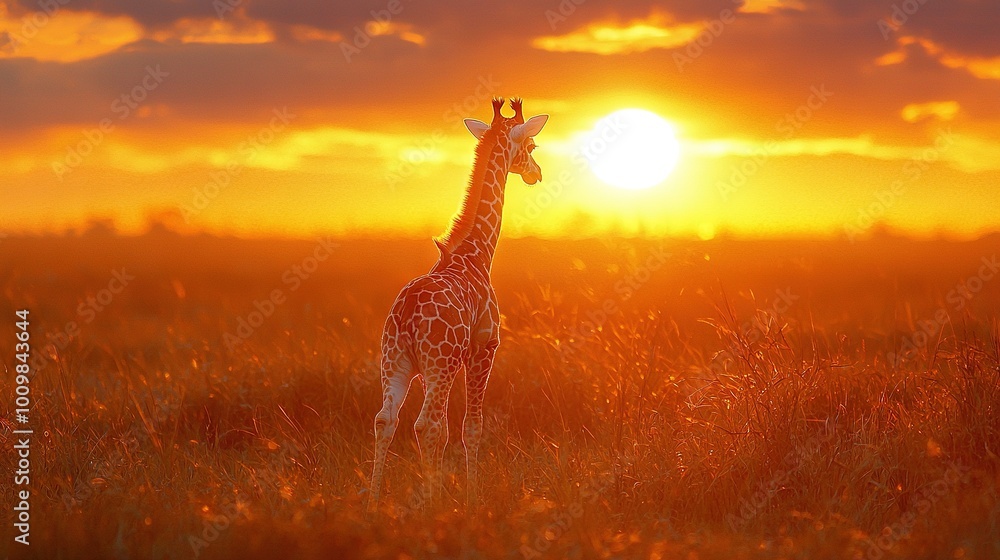 Obraz premium Giraffe standing in a field during sunset