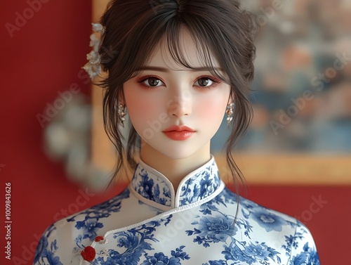 A young woman with dark hair and fair skin gazes at the camera, wearing a traditional Chinese dress with a delicate floral pattern.