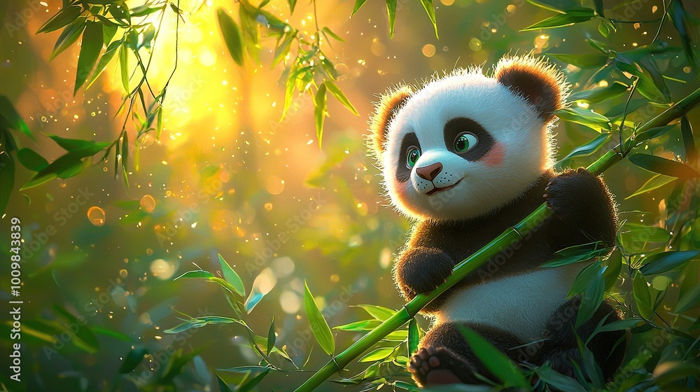 A panda in a bamboo tree with its back to the sun and eyes open A panda in a bamboo tree with its back to the sun and eyes open