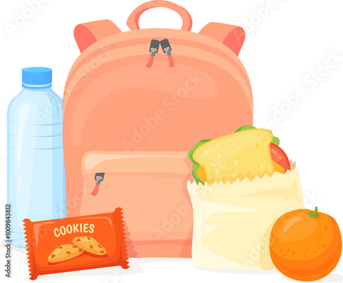 School backpack and lunch food bag cartoon icon