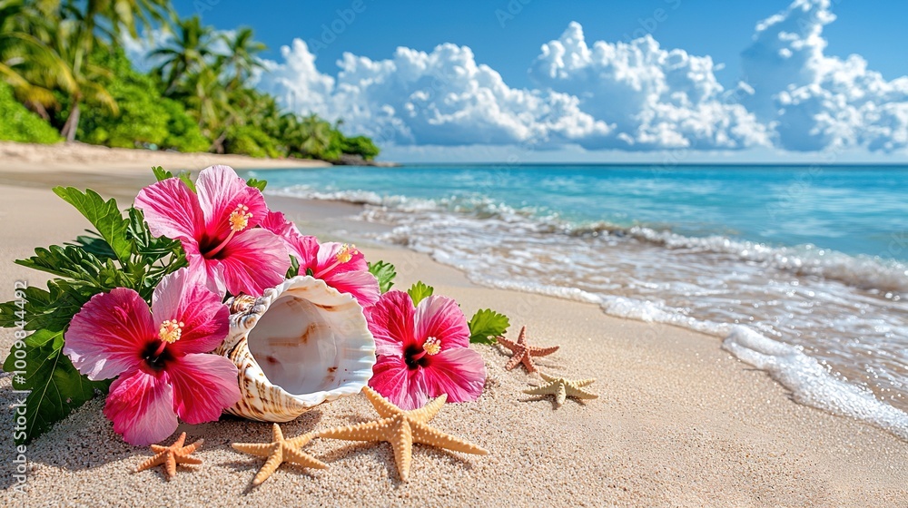 A seashell with pink flowers and starfish on a sandy beach with a blue sky and ocean in the background A seashell with pink flowers and starfish on a sandy beach with a blue sky and ocean in the background