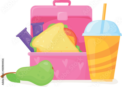School lunch box with drink and fruits cartoon icon