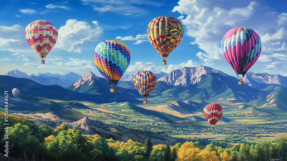 Obraz premium 青空と山々の上を飛ぶカラフルな風船
