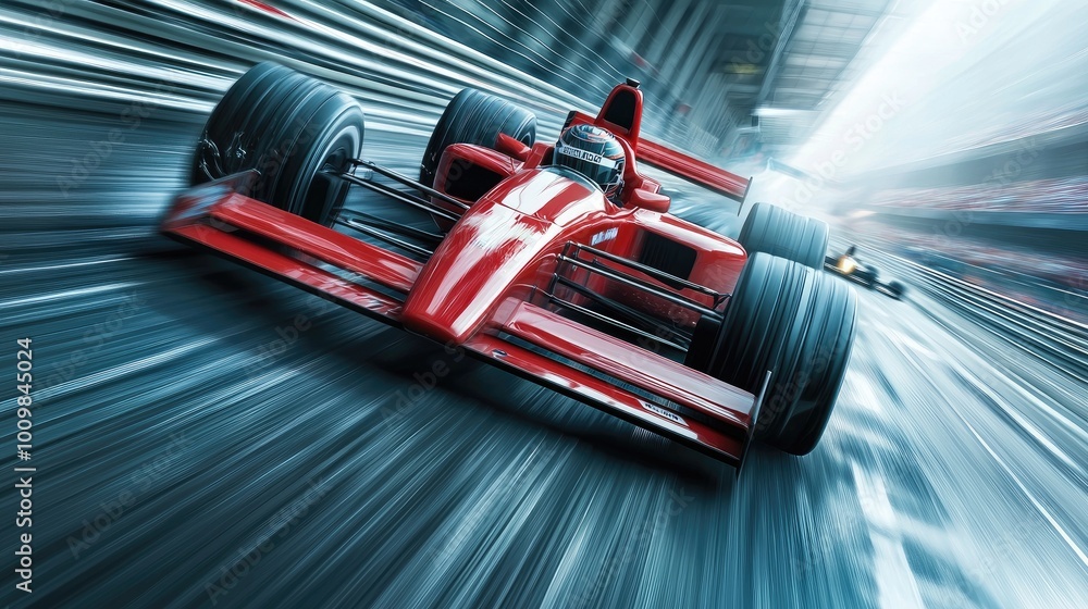 Naklejka premium A Red Race Car Speeds Along a Track with Blurred Background