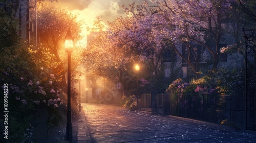 A Magical Evening Walk Through a Blossom-Lined Street