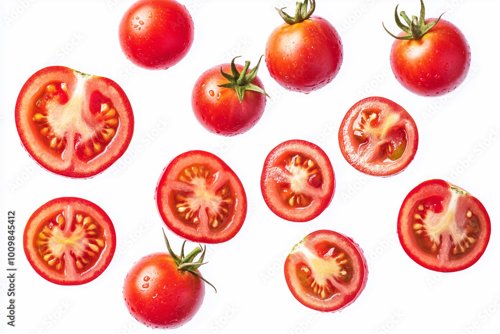 sliced tomatoes fly in the air on a white background sliced tomatoes fly in the air on a white background