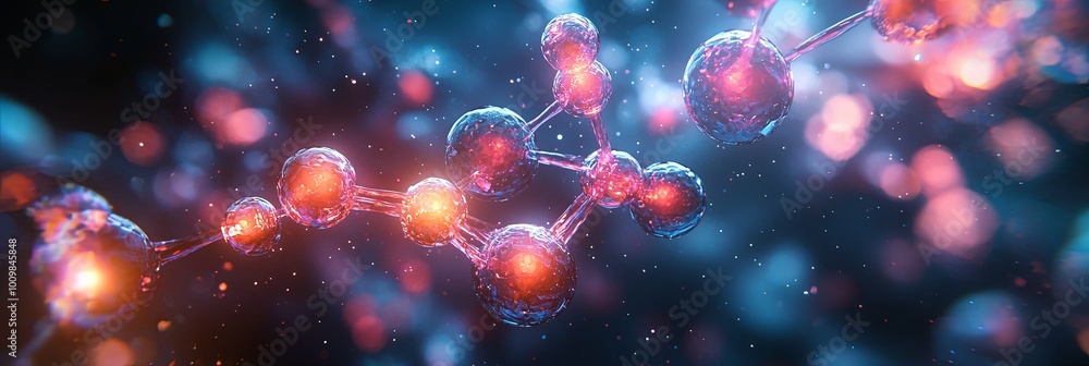 A vivid molecular system is depicted with glowing nodes connected by vibrant lines, illustrating concepts of connectivity, scientific exploration, and technological progress.