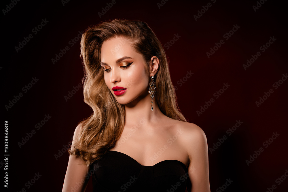 Naklejka premium Photo portrait of lovely young model girl rich lady nightclub wear dress isolated on black color background