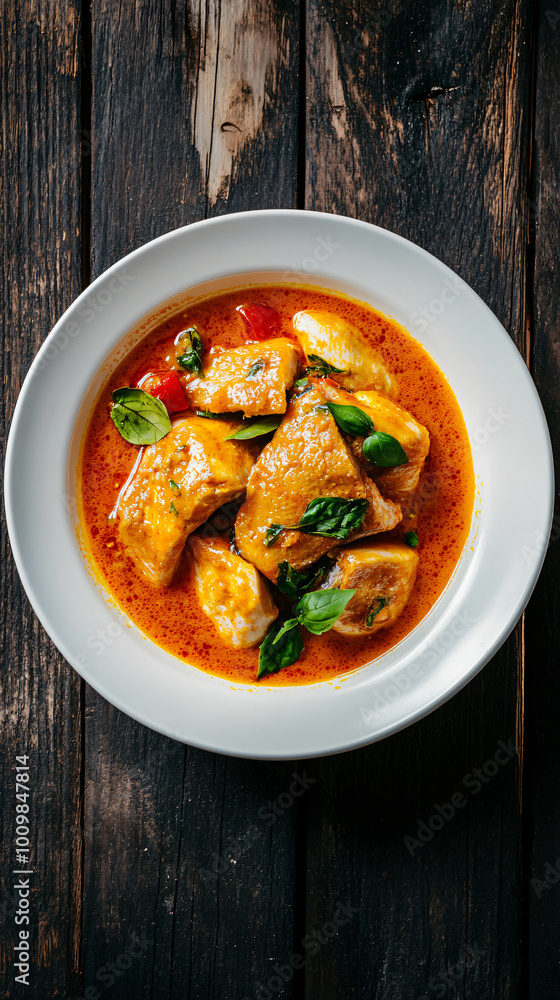 Steaming bowl of thai red curry with chicken, coconut milk, and fresh basil leaves, served on a rustic wooden table Steaming bowl of thai red curry with chicken, coconut milk, and fresh basil leaves, served on a rustic wooden table