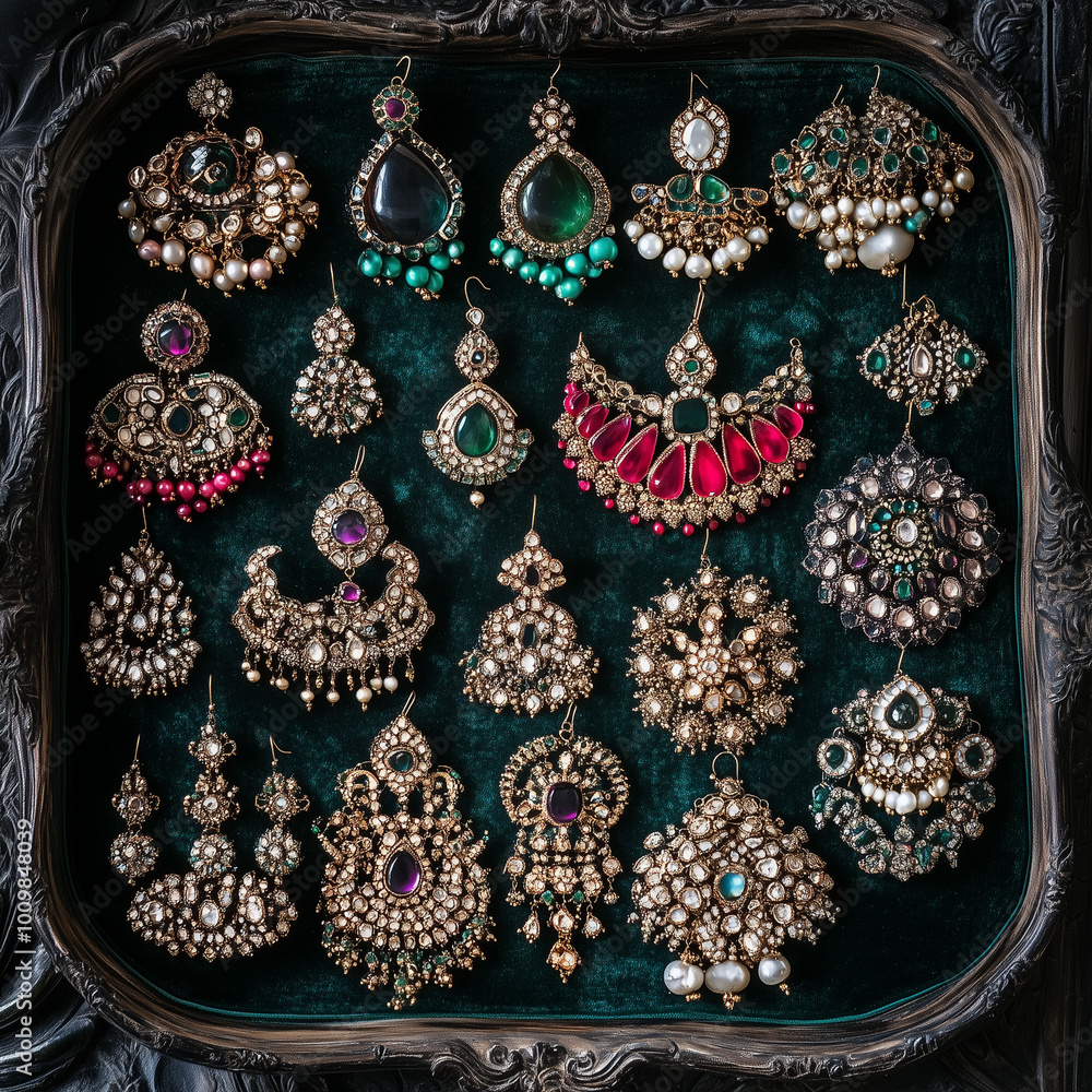 A variety of Indian earrings, from Jhumkas to chandbalis, beautifully arranged on a velvet tray for display
