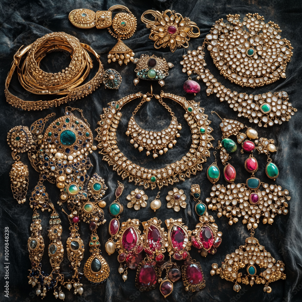 An assortment of Indian bridal jewelry pieces--nose ring, earrings, bangles--arranged aesthetically for a catalog shoot