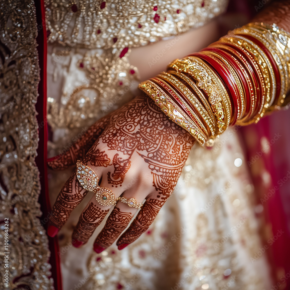 An Indian bride's hand adorned with henna and gold bangles, showcasing a rich cultural aesthetic