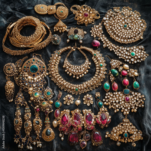 Obraz na płótnie An assortment of Indian bridal jewelry pieces--nose ring, earrings, bangles--arranged aesthetically for a catalog shoot w salonie