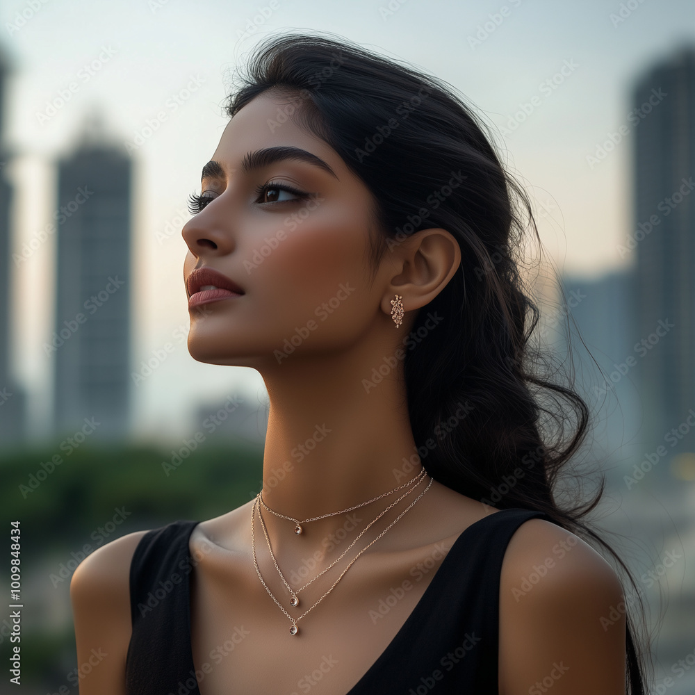 Beautiful Indian model in casual wear, showcasing her neck adorned with delicate crisscross chains, modern and minimalist, full view, cityscape background