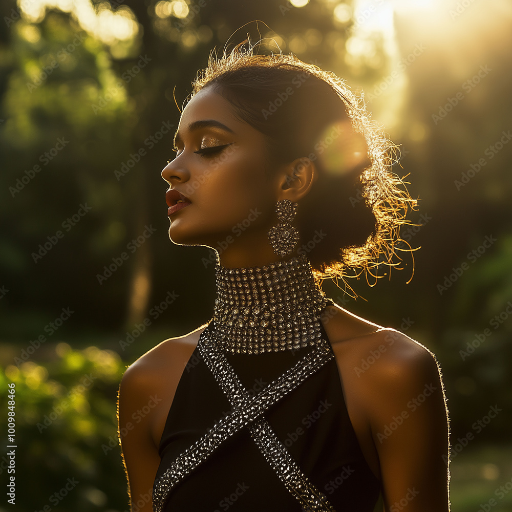 Full-body portrait of an Indian model showcasing luxurious crisscross chains elegantly covering her neck, styled with a modern twist, outdoor setting, golden hour light