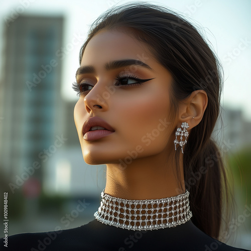 Obraz na płótnie Beautiful Indian model in casual wear, showcasing her neck adorned with delicate crisscross chains, modern and minimalist, full view, cityscape background w salonie