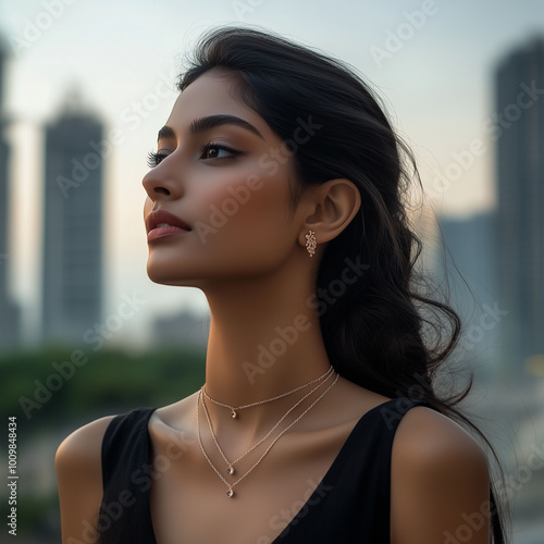 Beautiful Indian model in casual wear, showcasing her neck adorned with delicate crisscross chains, modern and minimalist, full view, cityscape background