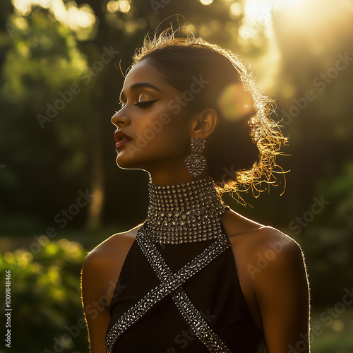 Obraz na płótnie Full-body portrait of an Indian model showcasing luxurious crisscross chains elegantly covering her neck, styled with a modern twist, outdoor setting, golden hour light w salonie