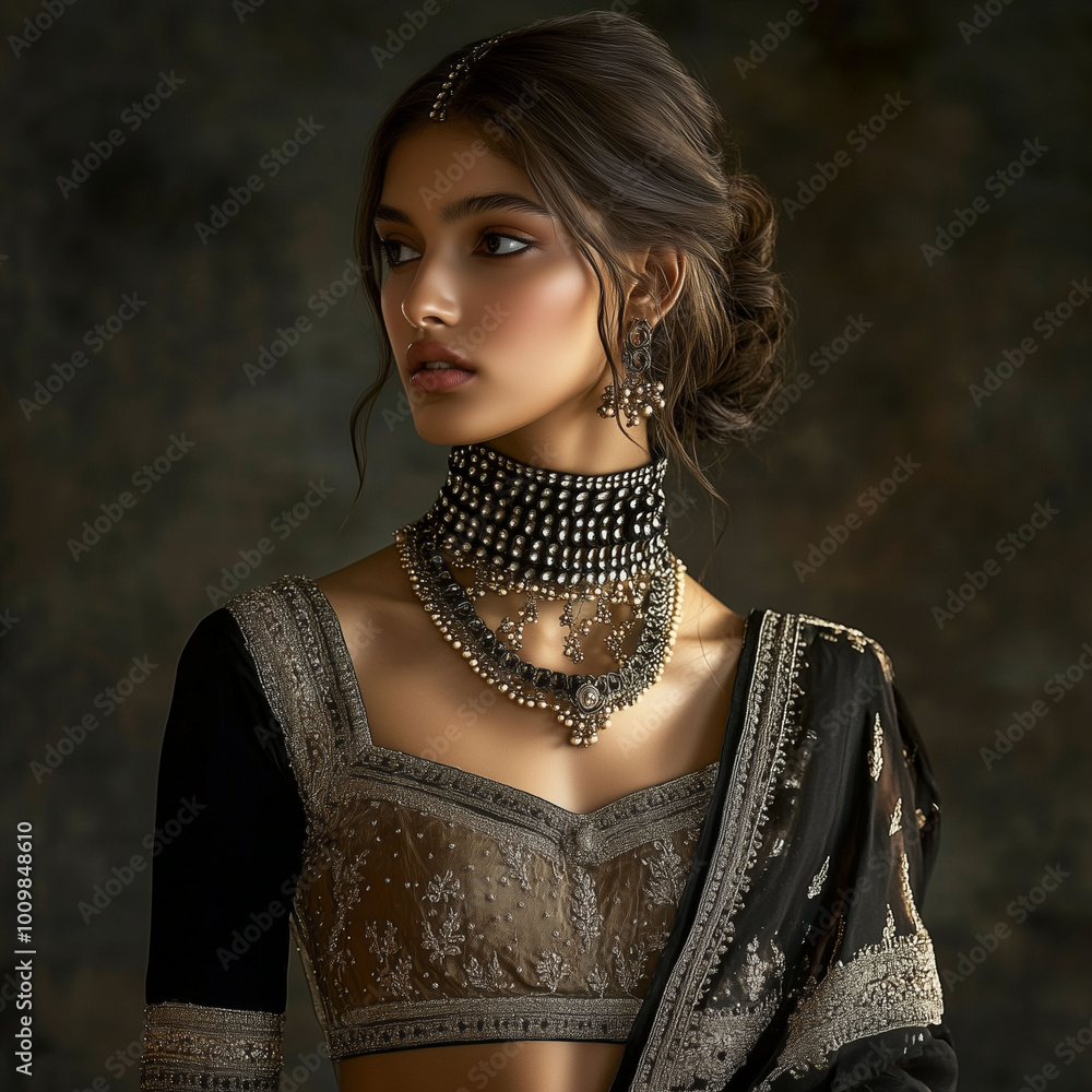 Indian model dressed in a fusion of modern and traditional attire, her neck adorned with elegant crisscross chains, full-body view in a fashion studio setting