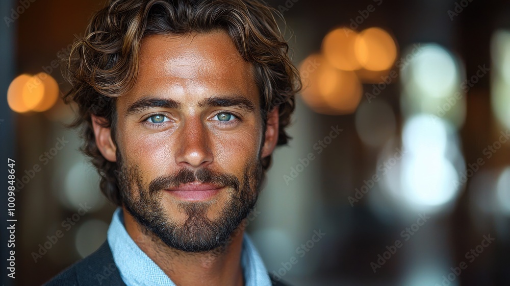 Confident man with curly hair and striking blue eyes smiles warmly in a cozy, softly lit indoor setting during the evening Confident man with curly hair and striking blue eyes smiles warmly in a cozy, softly lit indoor setting during the evening
